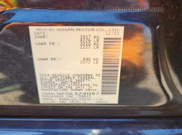1N4AL3AP7GN324087 2016 NISSAN ALTIMA Charcoal Вид наклейки з VIN-кодом