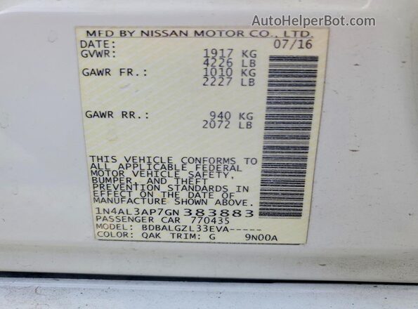 1N4AL3AP7GN383883 2016 NISSAN ALTIMA White Շարժիչի բաժամունքի տեսք