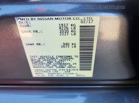 1N4AL3AP7HC203699 2017 NISSAN ALTIMA Gray Вид наклейки з VIN-кодом