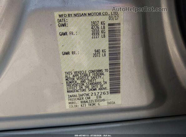 1N4AL3AP7HC217263 2017 NISSAN ALTIMA Silver Շարժիչի բաժամունքի տեսք