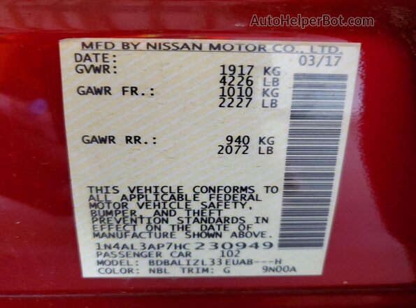 1N4AL3AP7HC230949 2017 NISSAN ALTIMA Red Engine compartment view