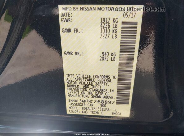 1N4AL3AP7HC268892 2017 NISSAN ALTIMA Black ძრავის განყოფილების ხედი