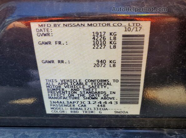 1N4AL3AP7JC124443 2018 NISSAN ALTIMA Blue ძრავის განყოფილების ხედი
