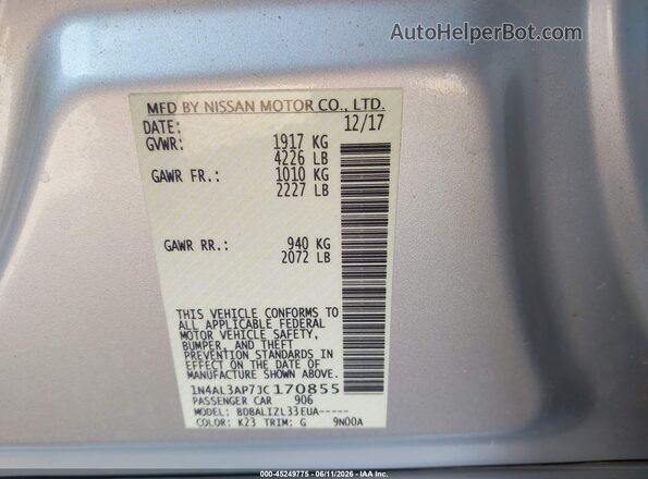 1N4AL3AP7JC170855 2018 NISSAN ALTIMA Gray Widok komory silnika