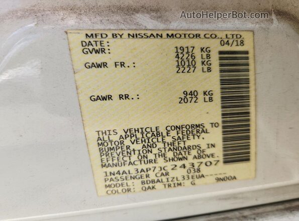 1N4AL3AP7JC243707 2018 NISSAN ALTIMA White Vista de la etiqueta del VIN
