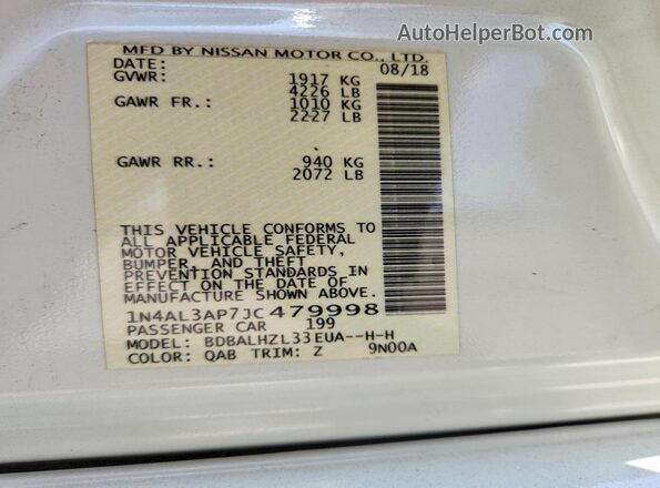 1N4AL3AP7JC479998 2018 NISSAN ALTIMA White Вид наклейки з VIN-кодом