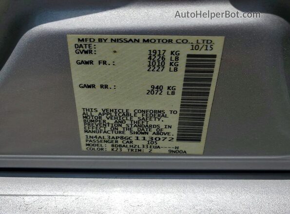 1N4AL3AP8GC113072 2016 NISSAN ALTIMA Silver Вид підкапотного простору