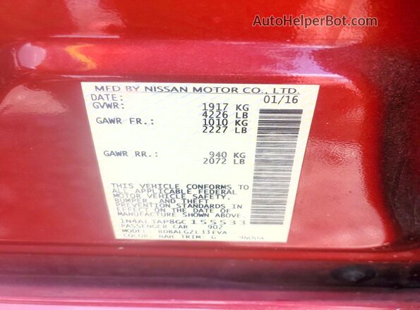 1N4AL3AP8GC155533 2016 NISSAN ALTIMA Red ძრავის განყოფილების ხედი