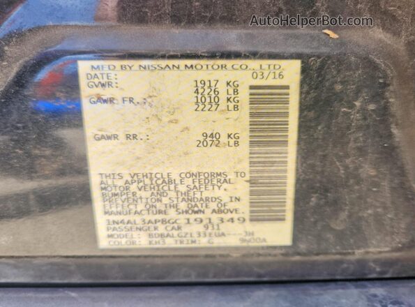 1N4AL3AP8GC191349 2016 NISSAN ALTIMA Black Вид підкапотного простору