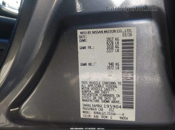 1N4AL3AP8GC195904 2016 NISSAN ALTIMA Gray Engine compartment view