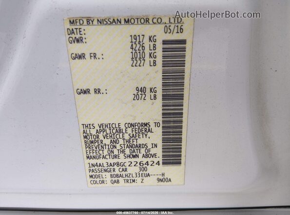 1N4AL3AP8GC226424 2016 NISSAN ALTIMA White Շարժիչի բաժամունքի տեսք