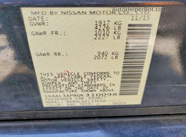 1N4AL3AP8GN310098 2016 NISSAN ALTIMA Gray Вид наклейки з VIN-кодом