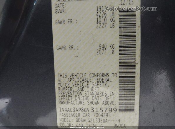 1N4AL3AP8GN315799 2016 NISSAN ALTIMA Gray Вид підкапотного простору