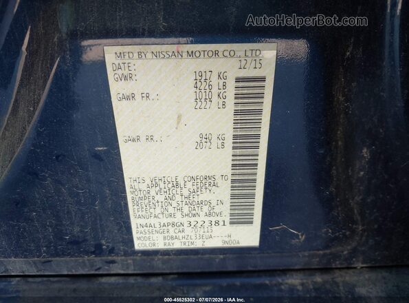 1N4AL3AP8GN322381 2016 NISSAN ALTIMA Blue ძრავის განყოფილების ხედი