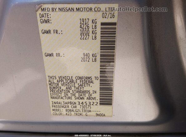 1N4AL3AP8GN345322 2016 NISSAN ALTIMA Silver Vista del compartimento del motor