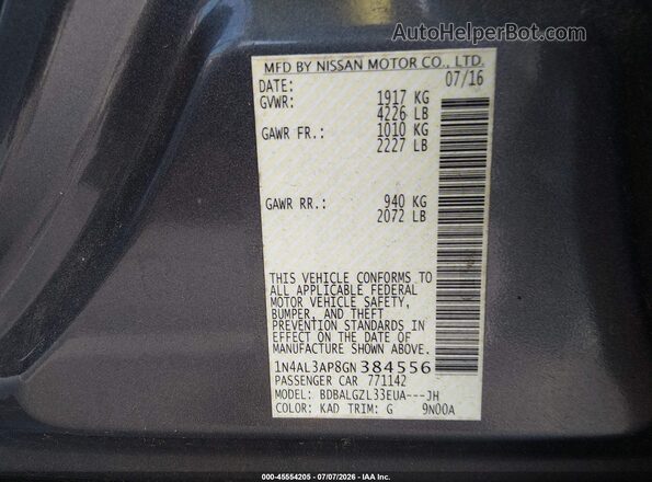1N4AL3AP8GN384556 2016 NISSAN ALTIMA Gray Вид підкапотного простору