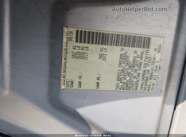 1N4AL3AP8GN387070 2016 NISSAN ALTIMA Silver Շարժիչի բաժամունքի տեսք