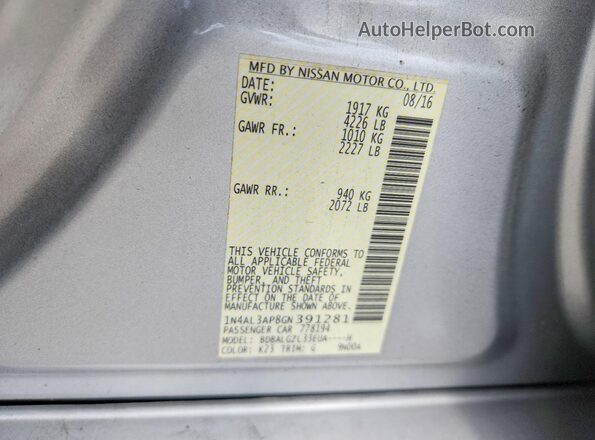 1N4AL3AP8GN391281 2016 NISSAN ALTIMA Silver Вид наклейки з VIN-кодом