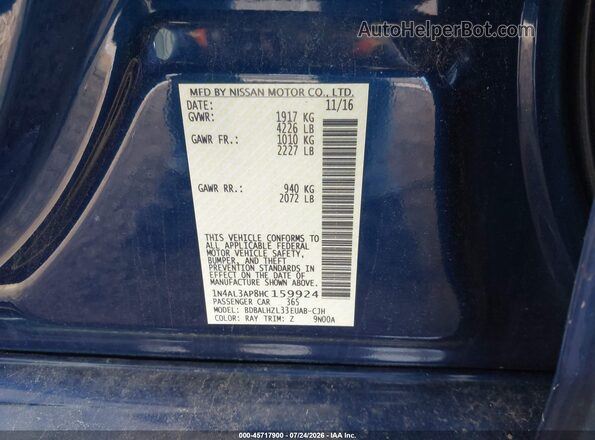 1N4AL3AP8HC159924 2017 NISSAN ALTIMA Blue Շարժիչի բաժամունքի տեսք
