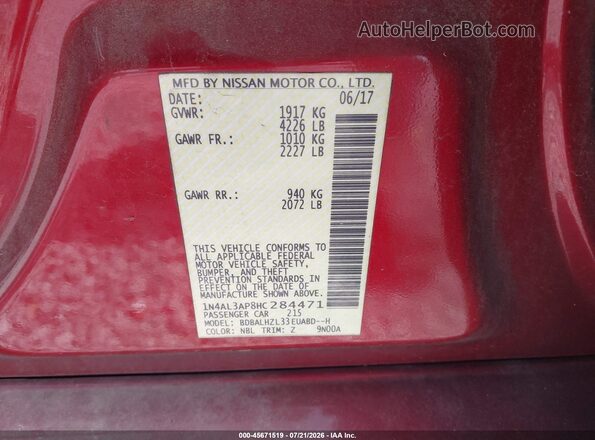 1N4AL3AP8HC284471 2017 NISSAN ALTIMA Red ძრავის განყოფილების ხედი