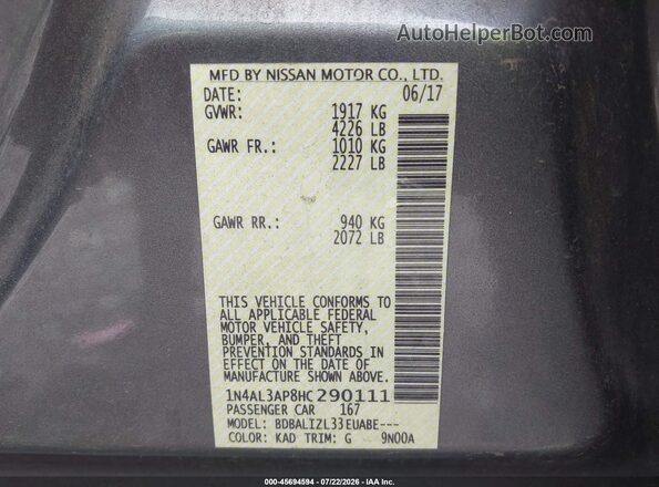 1N4AL3AP8HC290111 2017 NISSAN ALTIMA Gray Vista del compartimento del motor