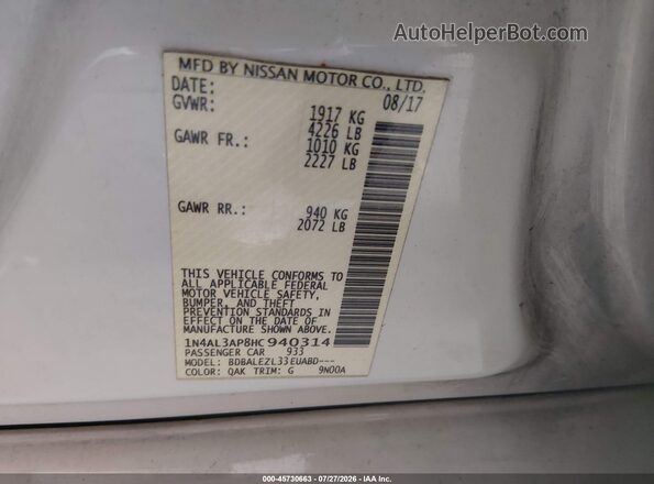 1N4AL3AP8HC940314 2017 NISSAN ALTIMA White ძრავის განყოფილების ხედი