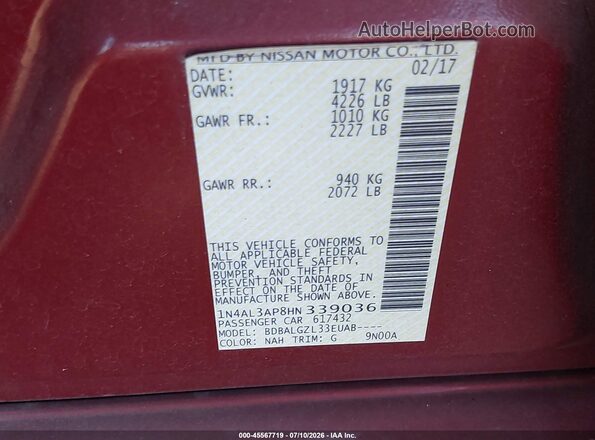 1N4AL3AP8HN339036 2017 NISSAN ALTIMA Red Vista del compartimento del motor