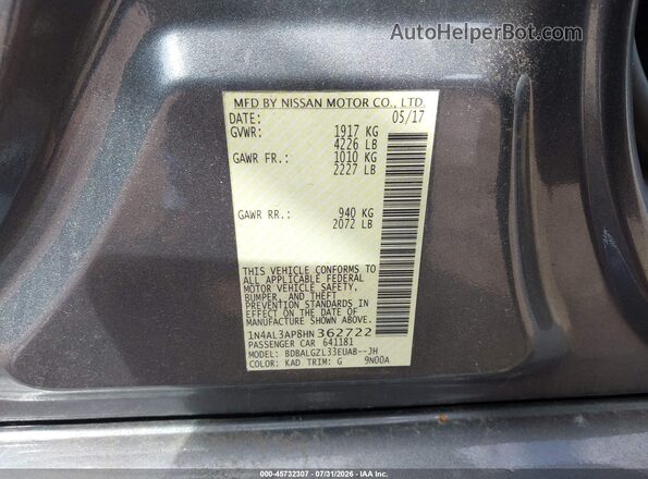 1N4AL3AP8HN362722 2017 NISSAN ALTIMA Gray Շարժիչի բաժամունքի տեսք