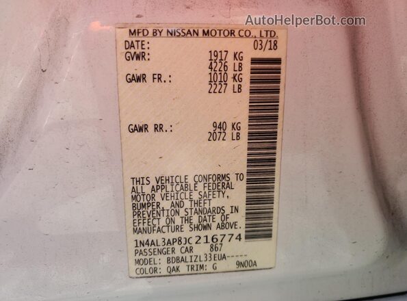 1N4AL3AP8JC216774 2018 NISSAN ALTIMA Белый Вид подкапотного пространства