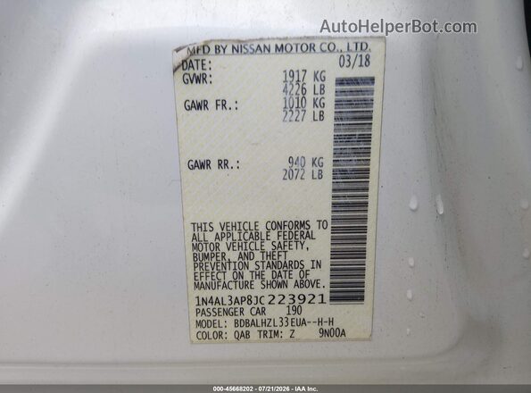 1N4AL3AP8JC223921 2018 NISSAN ALTIMA White Вид підкапотного простору