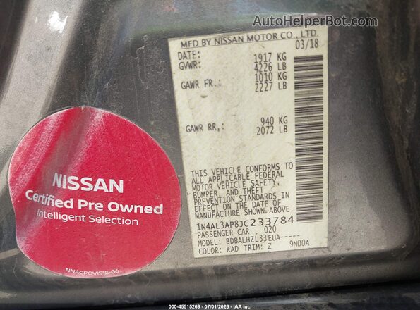1N4AL3AP8JC233784 2018 NISSAN ALTIMA Gray Вид підкапотного простору