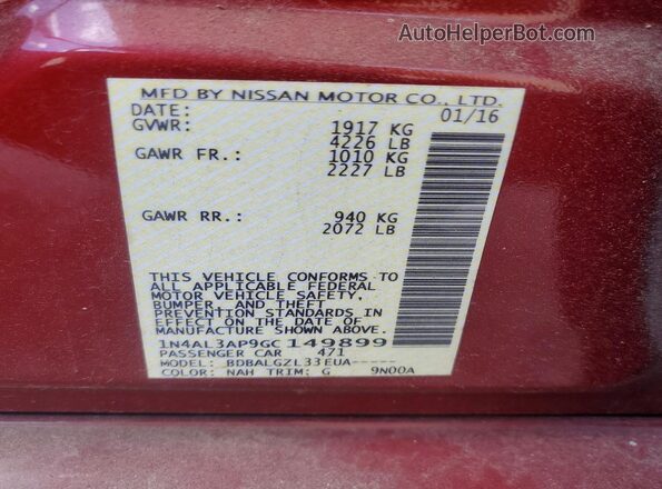 1N4AL3AP9GC149899 2016 NISSAN ALTIMA Красный Вид подкапотного пространства