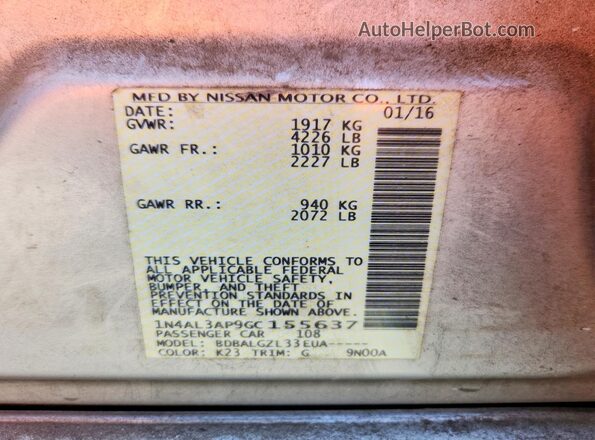 1N4AL3AP9GC155637 2016 NISSAN ALTIMA Silver Vista de la etiqueta del VIN