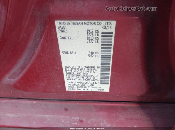 1N4AL3AP9GC291167 2016 NISSAN ALTIMA Red Engine compartment view