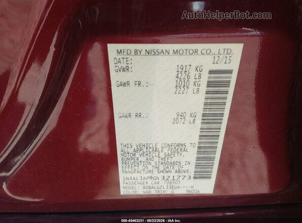 1N4AL3AP9GN321773 2016 NISSAN ALTIMA Maroon Widok komory silnika