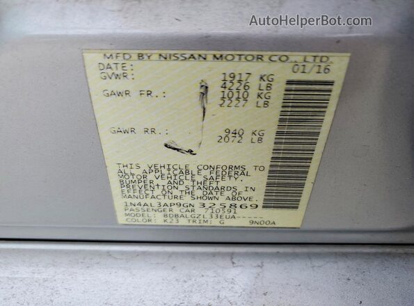 1N4AL3AP9GN325869 2016 NISSAN ALTIMA Silver Вид наклейки з VIN-кодом
