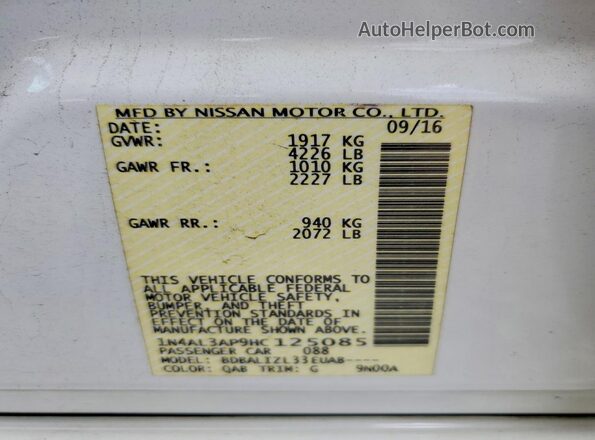 1N4AL3AP9HC125085 2017 NISSAN ALTIMA White VIN კოდის სტიკერის ხედი