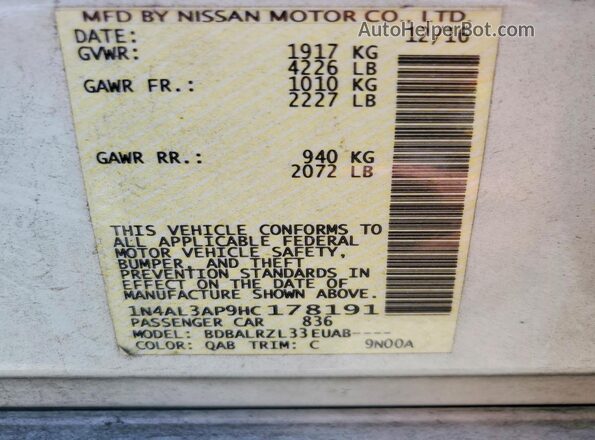 1N4AL3AP9HC178191 2017 NISSAN ALTIMA White VIN კოდის სტიკერის ხედი