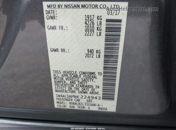 1N4AL3AP9HC224943 2017 NISSAN ALTIMA Серый Вид подкапотного пространства