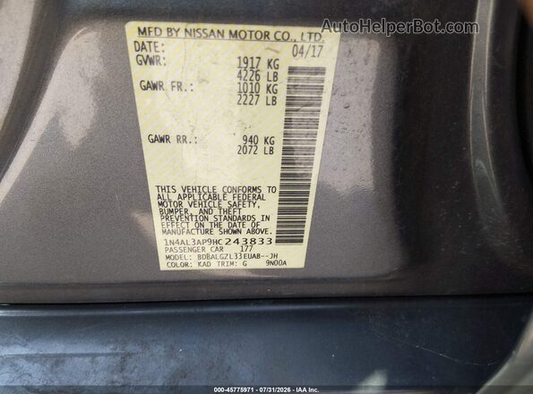 1N4AL3AP9HC243833 2017 NISSAN ALTIMA Gray ძრავის განყოფილების ხედი