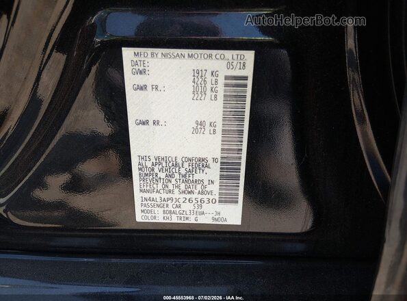 1N4AL3AP9JC265630 2018 NISSAN ALTIMA Black Շարժիչի բաժամունքի տեսք