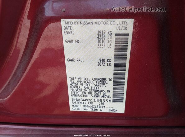 1N4AL3APXGC156358 2016 NISSAN ALTIMA Red Շարժիչի բաժամունքի տեսք