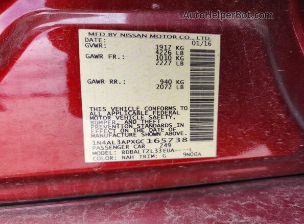 1N4AL3APXGC165738 2016 NISSAN ALTIMA Red Widok komory silnika