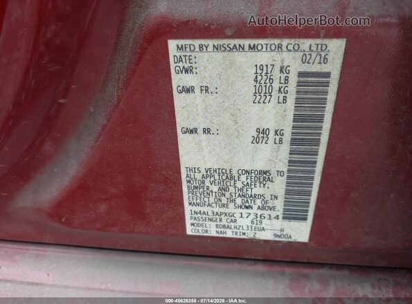 1N4AL3APXGC173614 2016 NISSAN ALTIMA Темно-бордовый Вид подкапотного пространства