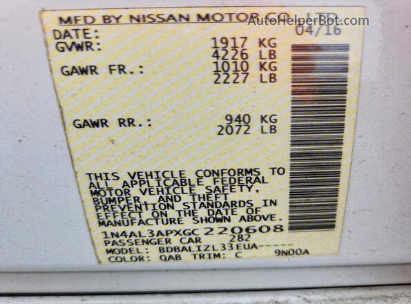1N4AL3APXGC220608 2016 NISSAN ALTIMA White Вид підкапотного простору