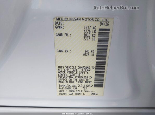 1N4AL3APXGC221662 2016 NISSAN ALTIMA White Շարժիչի բաժամունքի տեսք
