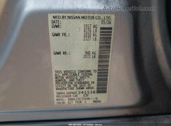 1N4AL3APXGC241538 2016 NISSAN ALTIMA Gray Вид підкапотного простору