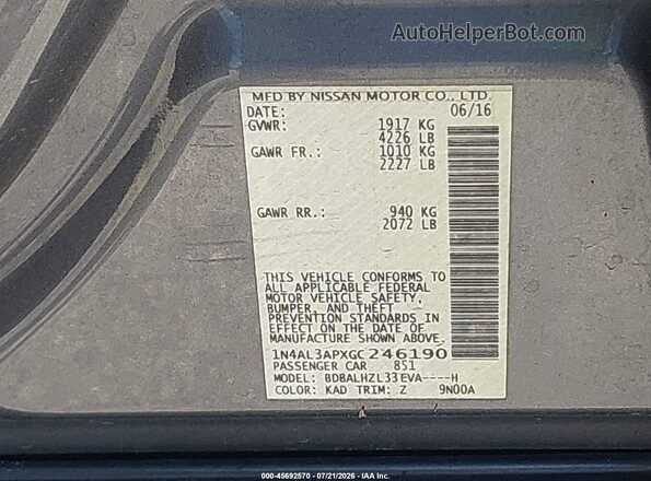 1N4AL3APXGC246190 2016 NISSAN ALTIMA Gray Engine compartment view