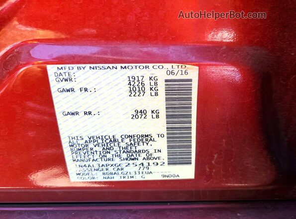 1N4AL3APXGC254192 2016 NISSAN ALTIMA Red VIN კოდის სტიკერის ხედი