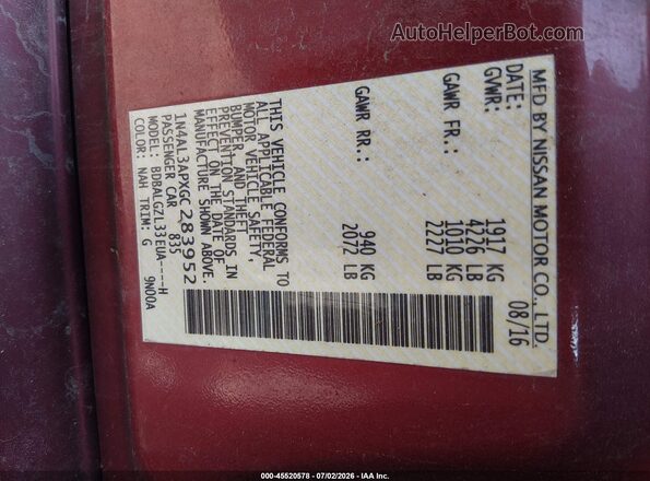 1N4AL3APXGC283952 2016 NISSAN ALTIMA Красный Вид подкапотного пространства